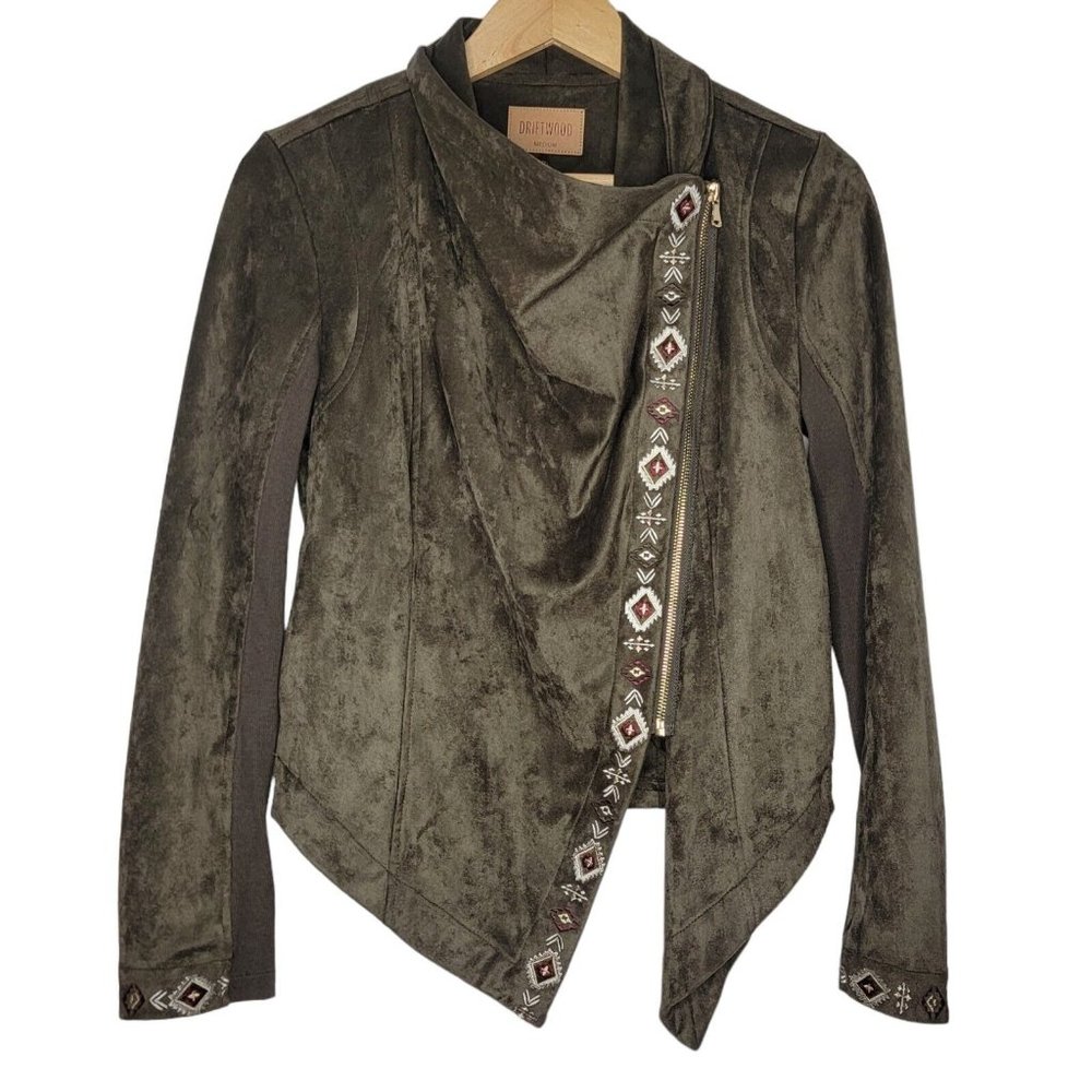 Driftwood Medium Olive Green Faux Suede Moto Asymmetrical Zip Embroidered Jacket